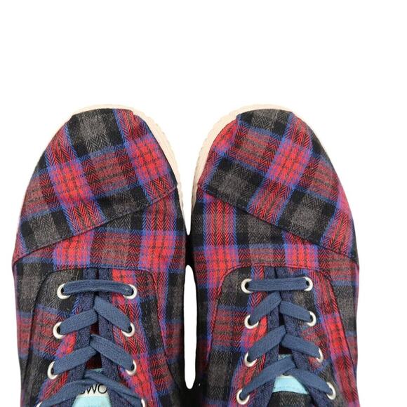 Toms Shoes Womens 8 Sneaker Cordones Indio Casual Fashion Plaid Red Blue Lace Up - Picture 7 of 13